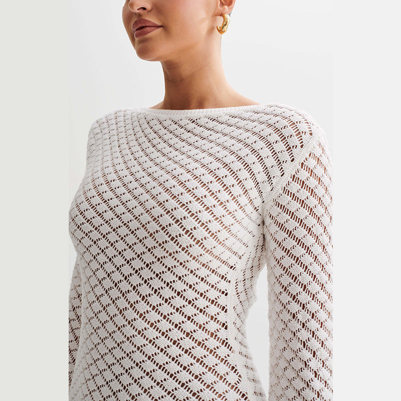 Damen Häkelkleid mit elegantem Netzdesign und weiten Ärmeln Fudus