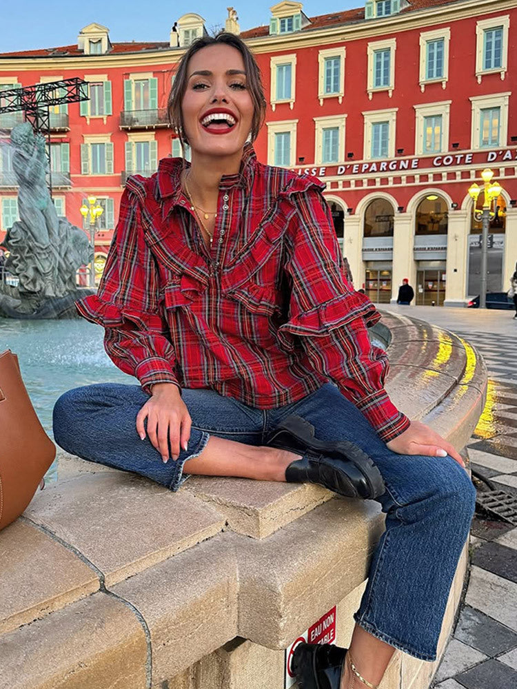 Damen Hemdbluse mit Rüschendetails und Karomuster Fudus