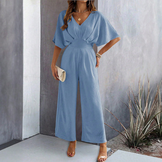 Damen Jumpsuit Weit Geschnitten V Ausschnitt Drapierungen Elegant