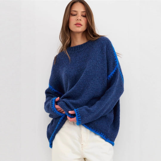 Damen kuscheliger Strickpullover mit kontrastierenden Akzentdetails Fudus