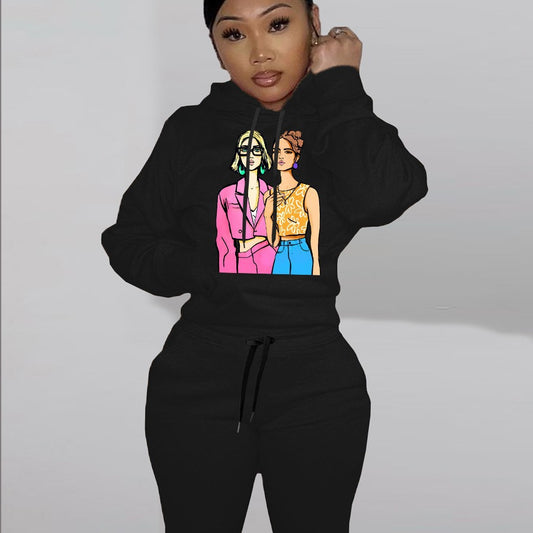 Damen Hoodieset mit künstlerischem Print und bequemen Jogginghose Fudus