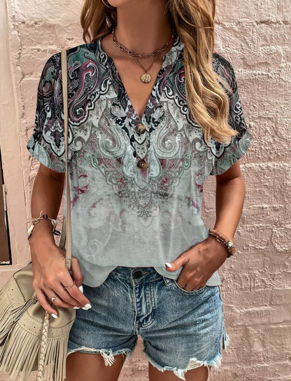 Damen Kurzarm Blusenshirt mit Knopfdetaillierung und trendigem Streifenmuster Fudus