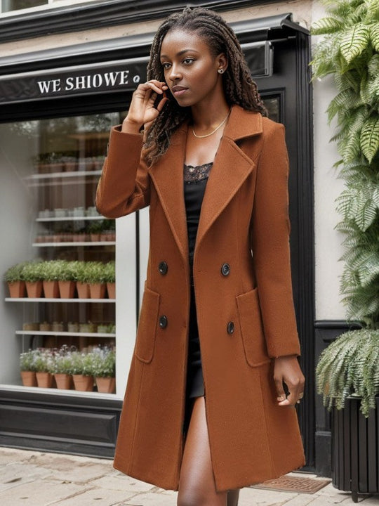 Damen Klassischer Wollmantel mit doppelter Knopfleiste und großzügigen Taschen Fudus