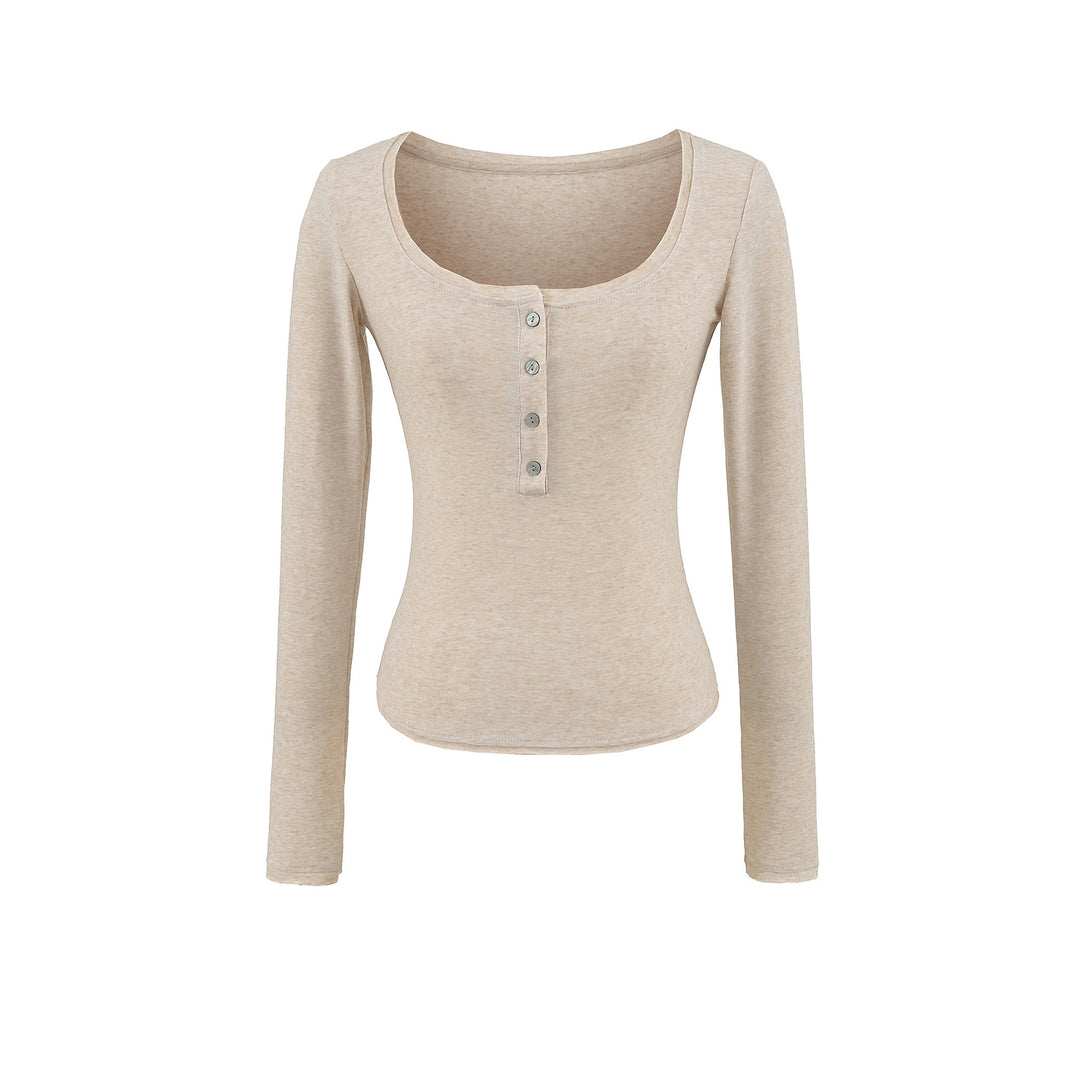 Damen langärmliges Basic-Oberteil mit Rundhalsausschnitt und Knopfleiste Fudus