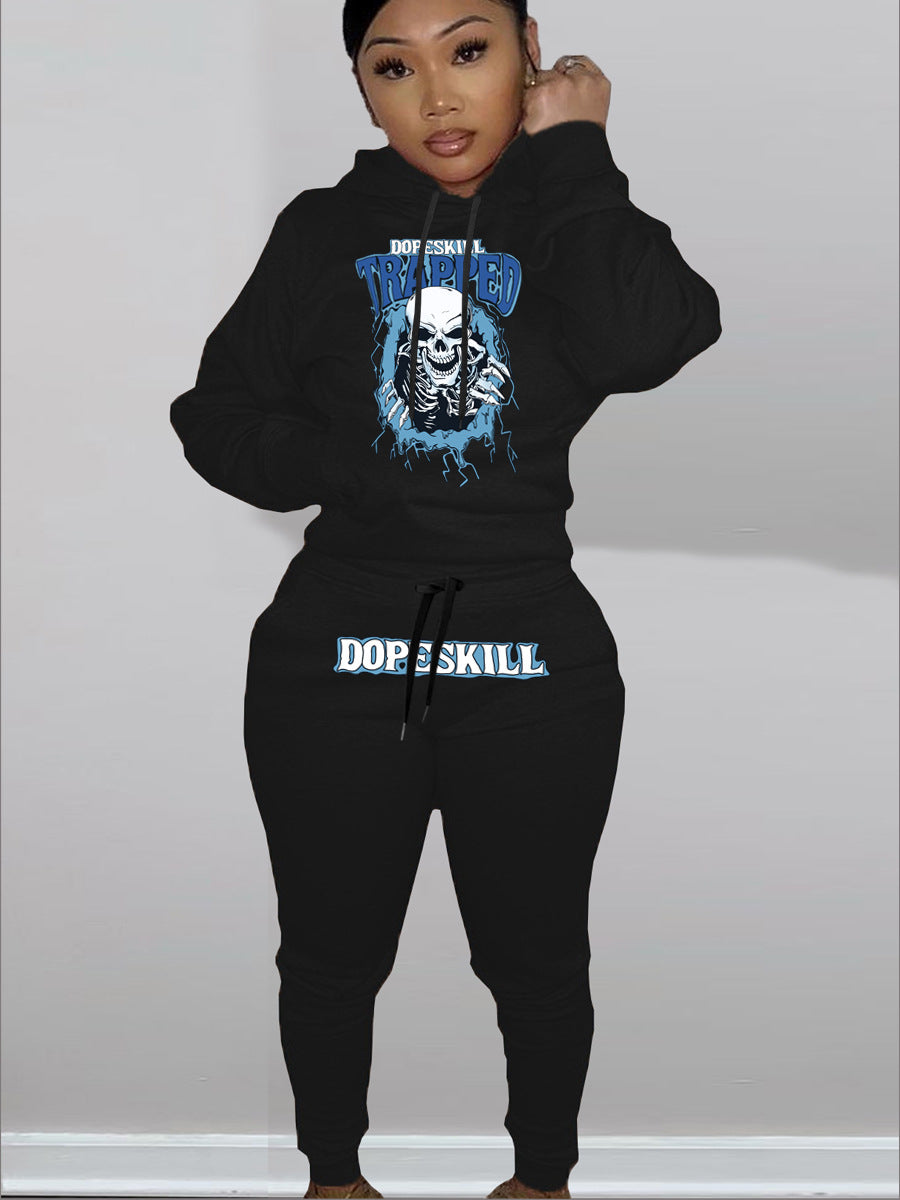 Damen Hoodie und Jogginghose Set mit auffälligem Skelettmotiv Fudus