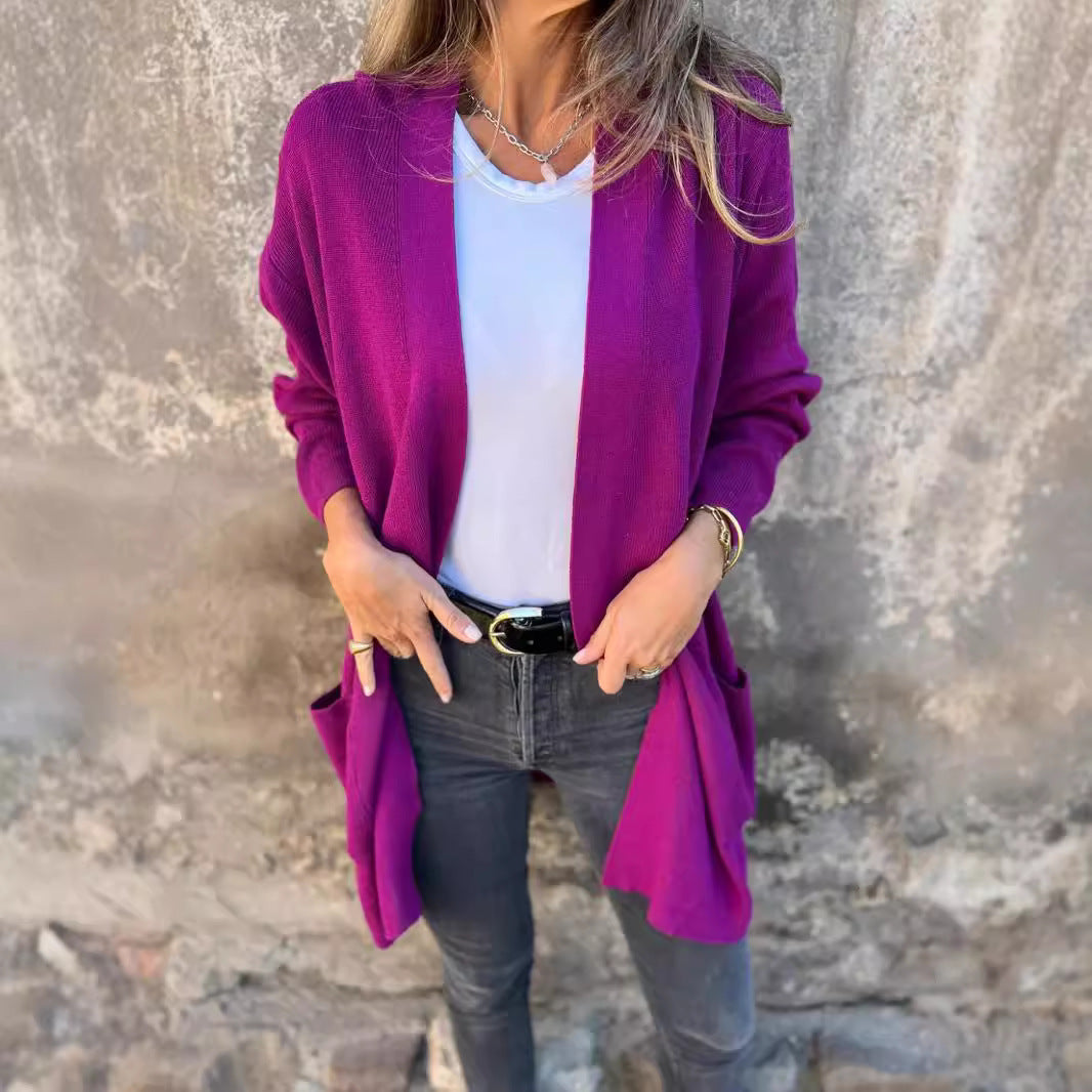 Damen Langstrickjacke mit praktischen Taschen und elegantem V-Ausschnitt Fudus