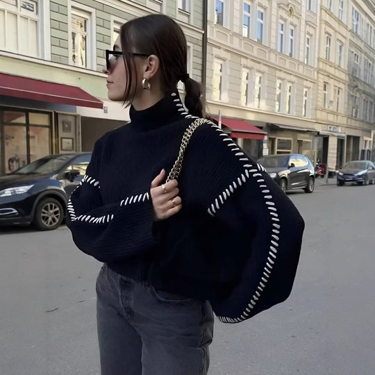 Damen kuscheliger Strickpullover mit elegantem Rollkragen und modischen Einsätzen Fudus