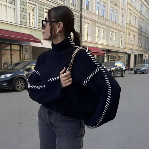 Damen kuscheliger Strickpullover mit elegantem Rollkragen und modischen Einsätzen Fudus