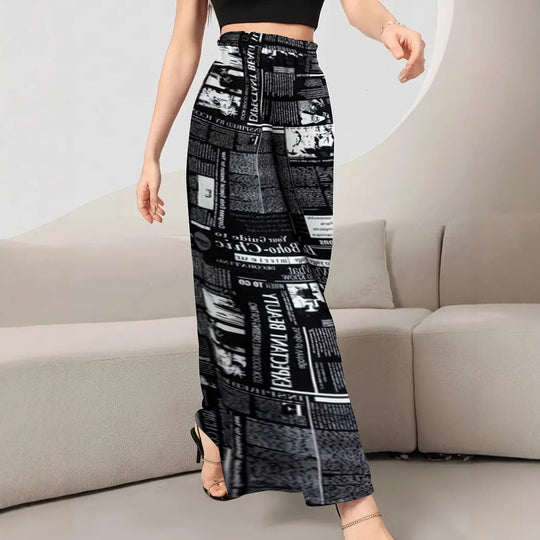 Damen Langer Plissierter Rock mit modischem Zeitungsdruck Fudus