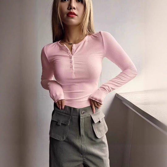 Damen langärmliges T-Shirt mit Knopfleiste und figurbetonter Passform Fudus