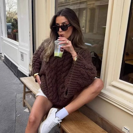 Damen kuscheliger Strickpullover mit dicker Zopfmusterung Fudus