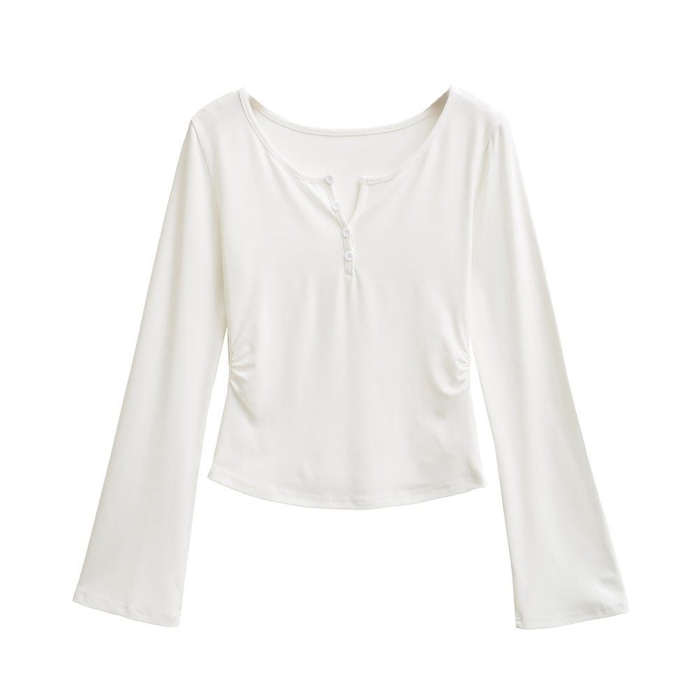 Damen langärmliges Oberteil mit dekorativen Knöpfen Fudus