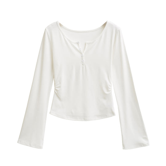Damen langärmliges Oberteil mit dekorativen Knöpfen Fudus