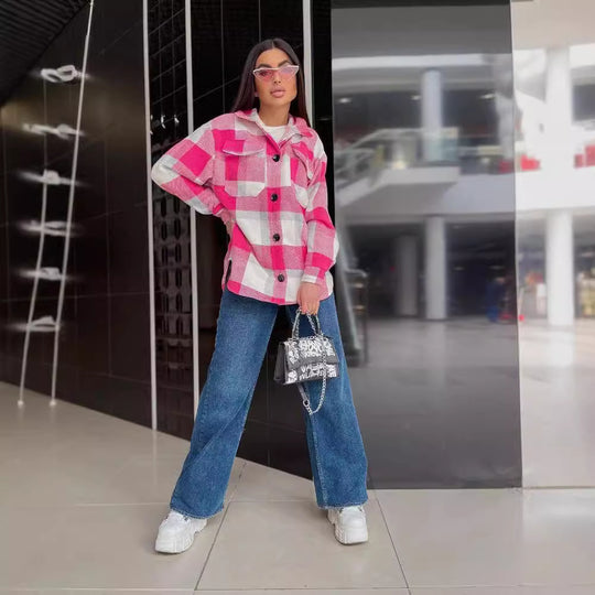 Damen Karierte overshirt mit weichem Fleece und Druckknopfverschluss Fudus