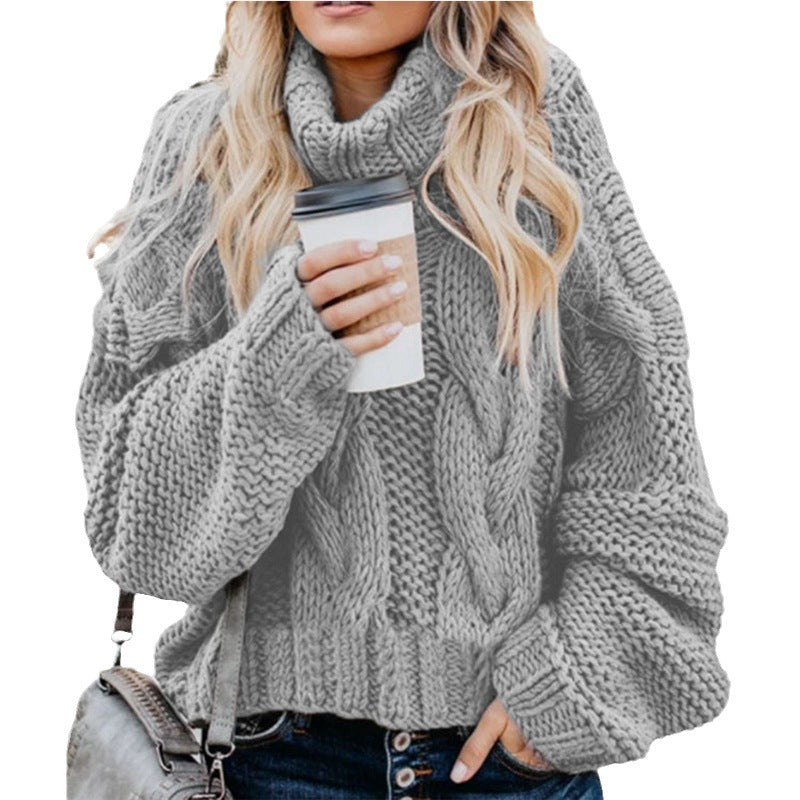 Damen Grobstrickpullover mit hohem Kragen und elegantem Zopfmuster Fudus