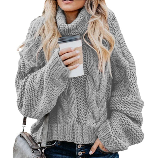 Damen Grobstrickpullover mit hohem Kragen und elegantem Zopfmuster Fudus