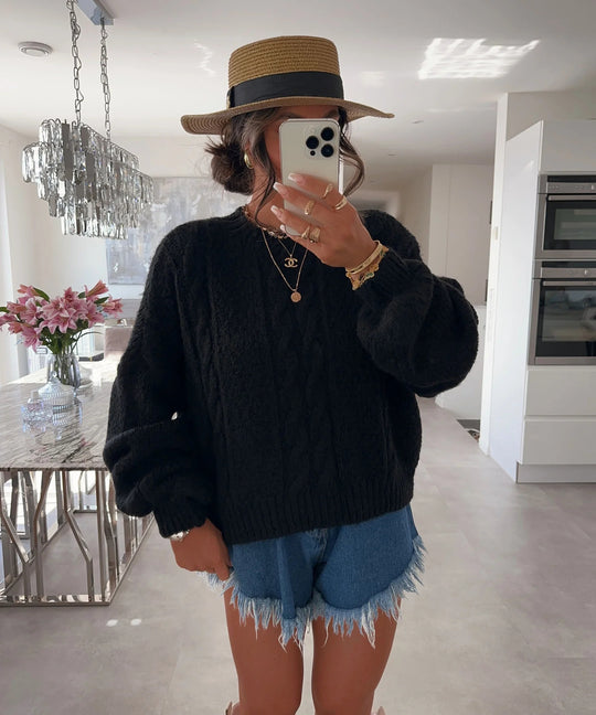 Damen Grobstrickpullover mit voluminösen Ärmeln und romantischem Zopfdesign Fudus