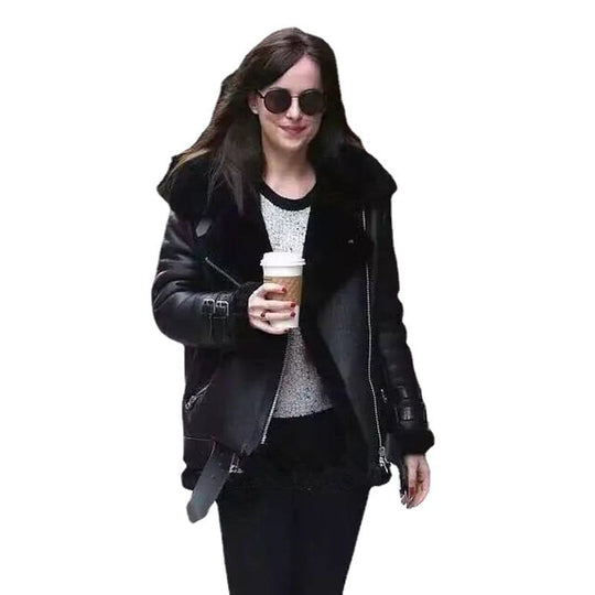 Damen Kunstlederjacke mit abnehmbarem Fellkragen und verstellbarem Gürtel