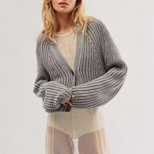 Damen lässige Strickjacke mit dekorativem Knopfverschluss und voluminösen Ärmeln Fudus