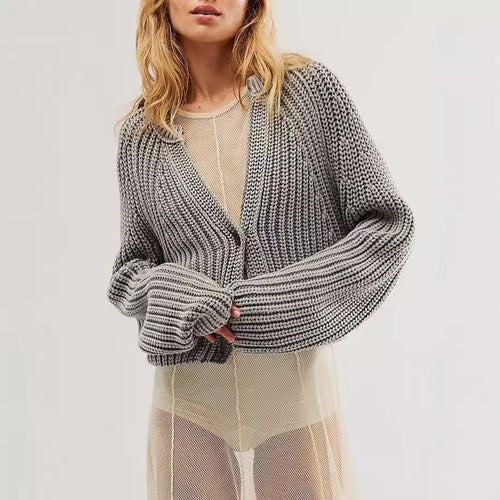 Damen lässige Strickjacke mit dekorativem Knopfverschluss und voluminösen Ärmeln Fudus