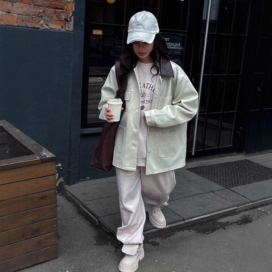 Damen lässige Oversized-Jacke mit ledernem Kragen und praktischen Taschen Fudus