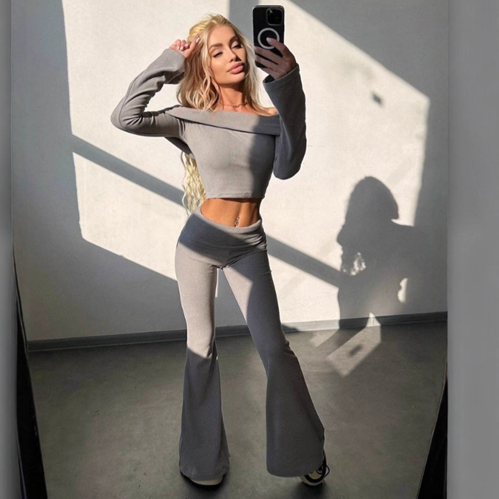 Damen eleganter Cropped-Top und weit ausgestellte Hosen Fudus