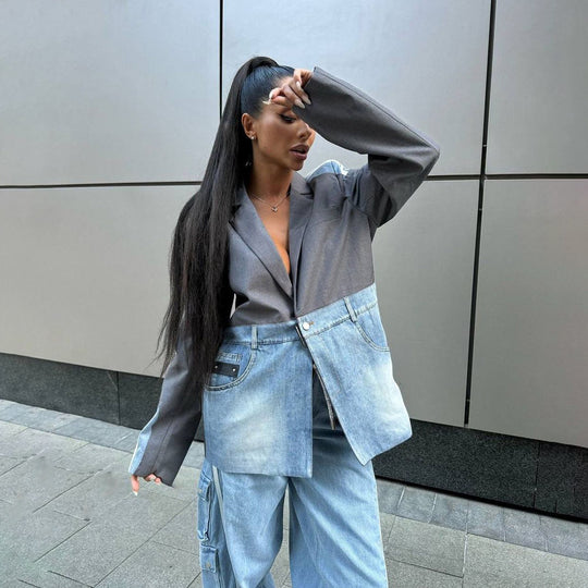 Damen Modischer Denim-Blazer mit asymmetrischem Schnitt Fudus