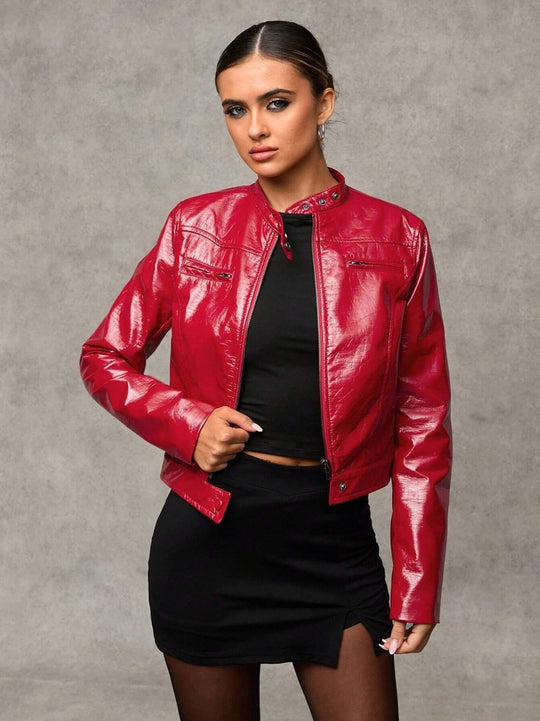 Damen Kurze Kunstlederjacke mit asymmetrischem Schnitt Fudus