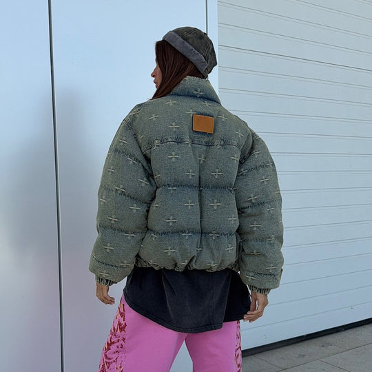 Damen lässige Steppjacke im Vintage-Stil mit hohem Kragen Fudus