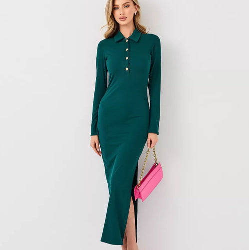 Damen Langarmkleid mit Knopfleiste und tiefem Schlitz Fudus