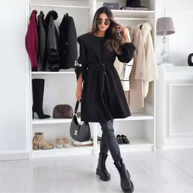 Damen Hüftlanger Stoffmantel mit Kapuze und Taillengürtel Fudus