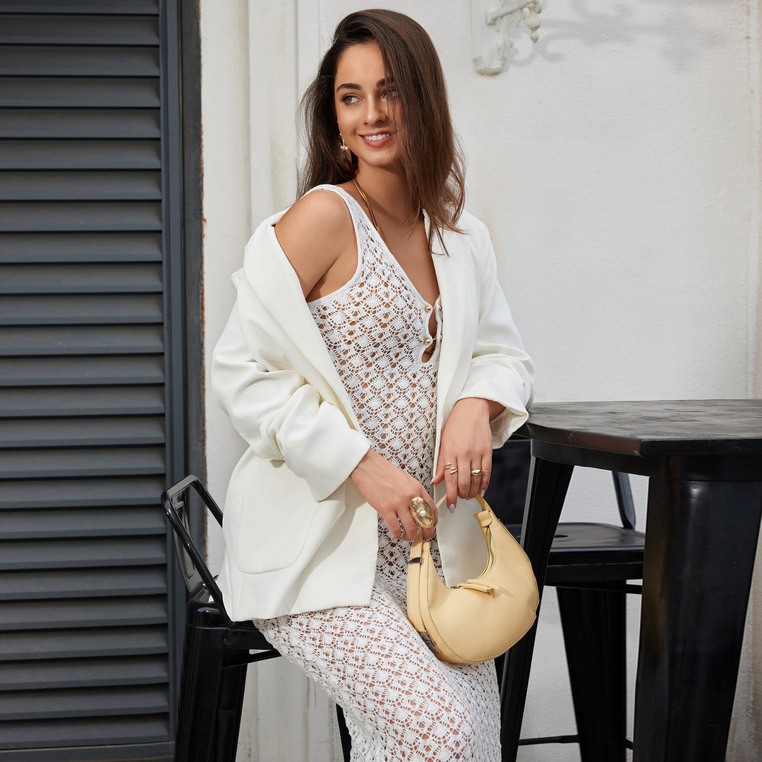 Damen Häkel-Maxikleid mit stilvollem Lochmuster und tiefem V-Ausschnitt Fudus