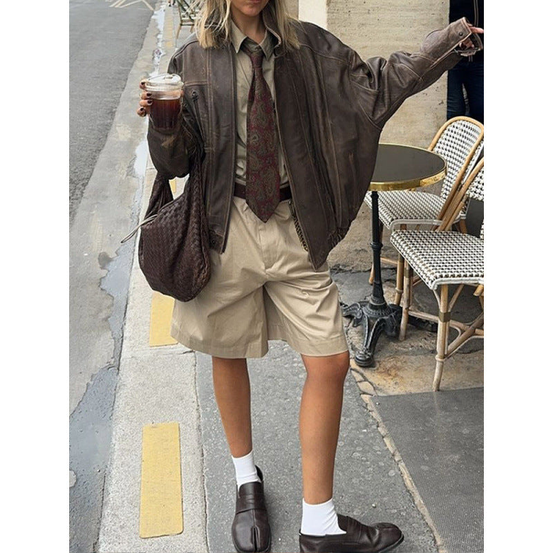 Damen Lässige Lederjacke im Vintage-Stil mit elastischem Bund Fudus