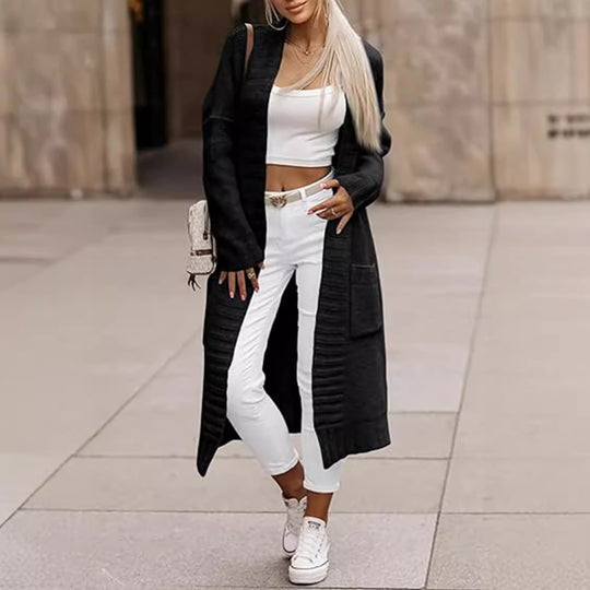 Damen Grobstrick Cardigan mit offenem Design und langen Ärmeln Fudus