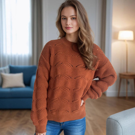 Damen Grobstrickpullover mit romantischem Zopfmuster und weit geschnittenen Ärmeln Fudus