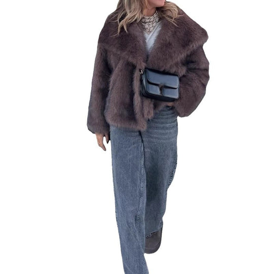 Damen Kunstfelljacke mit breitem Kragen und luxuriösem Schnitt Fudus