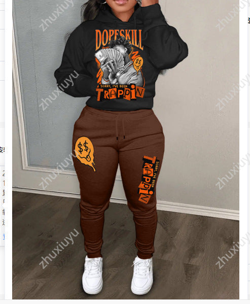 Damen Hoodie und Jogginghose Set mit kreativem Grafikdruck Fudus