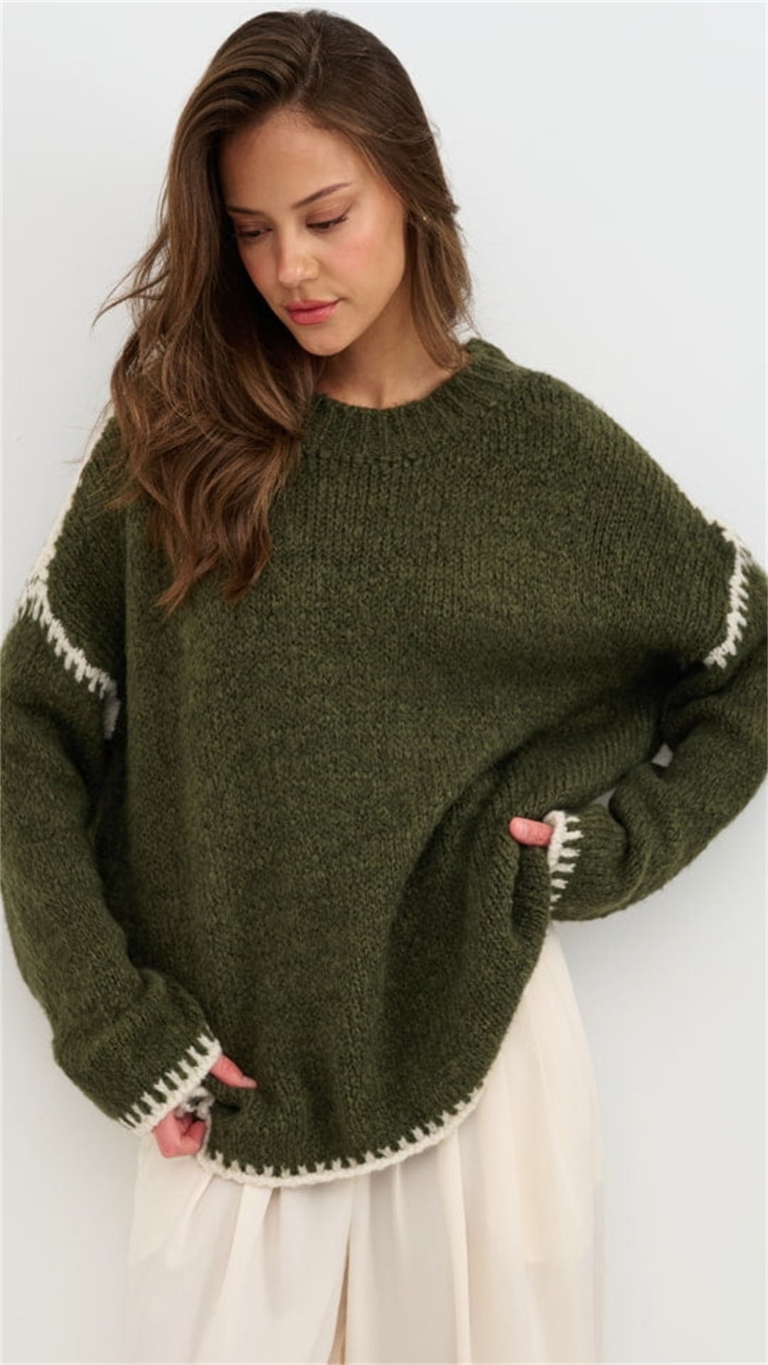 Damen kuscheliger Strickpullover mit kontrastierenden Akzentdetails Fudus
