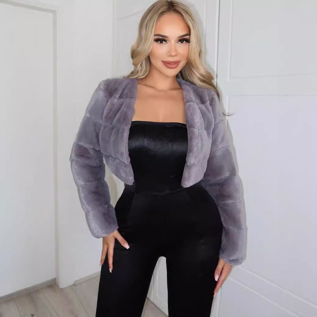 Damen Kurze Kunstpelzjacke mit breiten Ärmeln Fudus