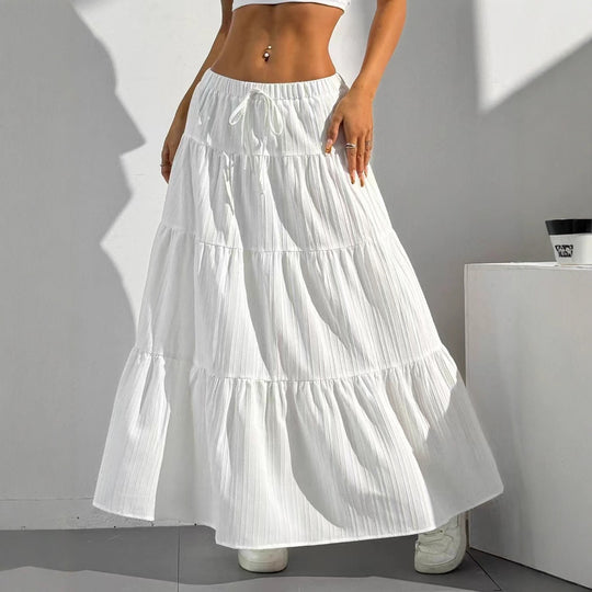 Damen Langer gestufter Rock mit elastischem Bund und Raffungen Fudus