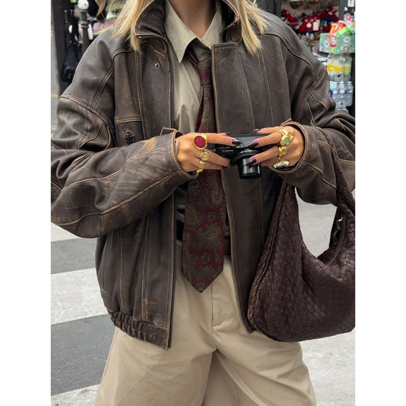Damen Lässige Lederjacke im Vintage-Stil mit elastischem Bund Fudus