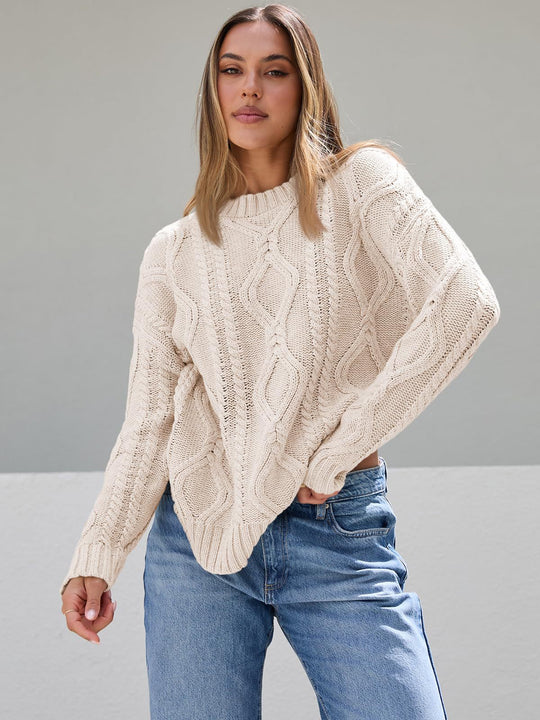 Damen Grobstrickpullover mit Wellenmuster und weitem Schnitt Fudus