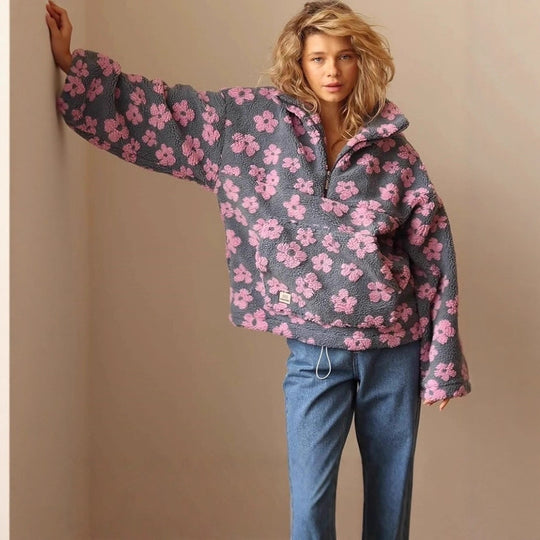 Damen kuschelige Oversized-Pullover mit floralem 3D-Design Fudus