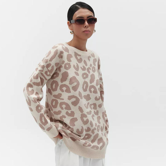 Damen Grobstrickpullover mit Leopardenmuster Fudus