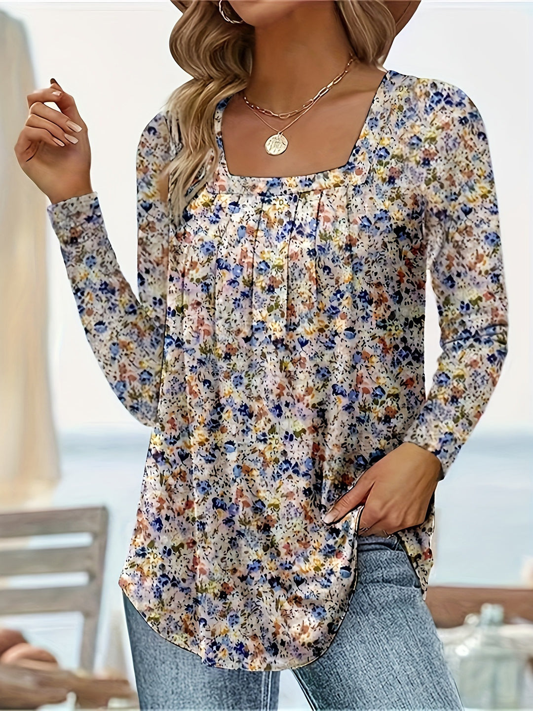 Damen Langärmliges Blumenshirt mit Rundhalsausschnitt Fudus