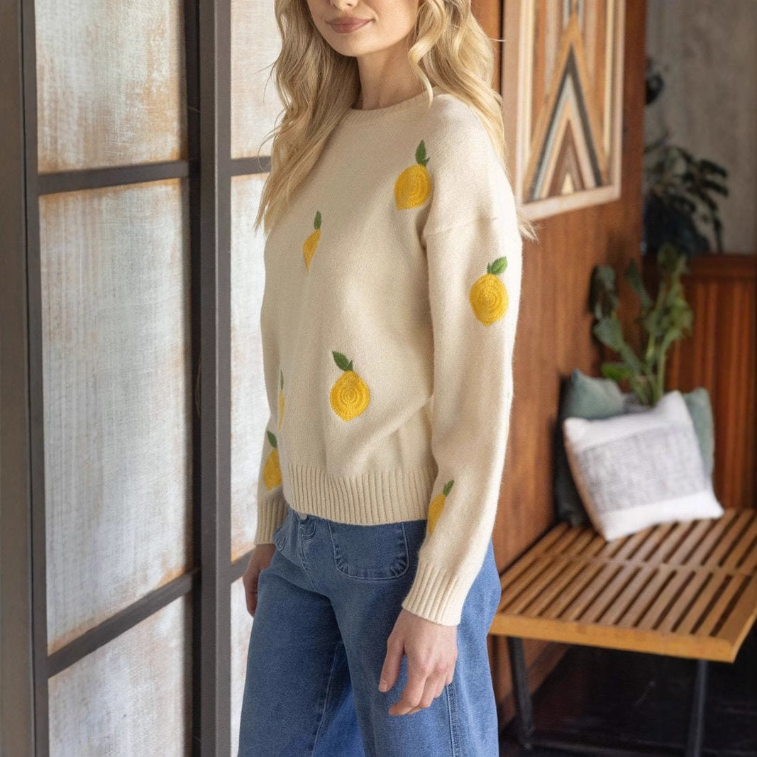 Damen kuscheliger Strickpullover mit Zitronenstickerei Fudus