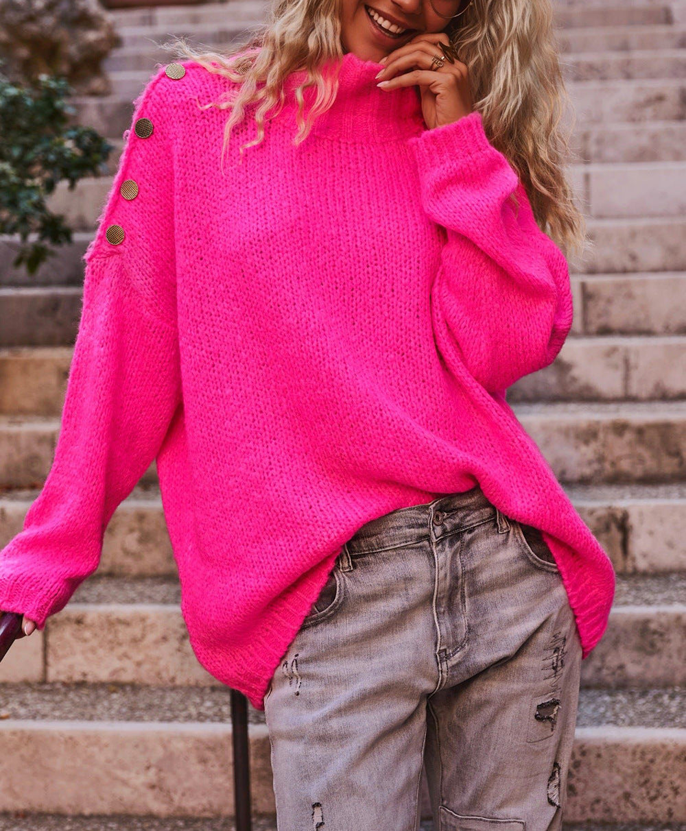 Damen Grobstrickpullover mit hohem Kragen und modischen Knopfdetails Fudus