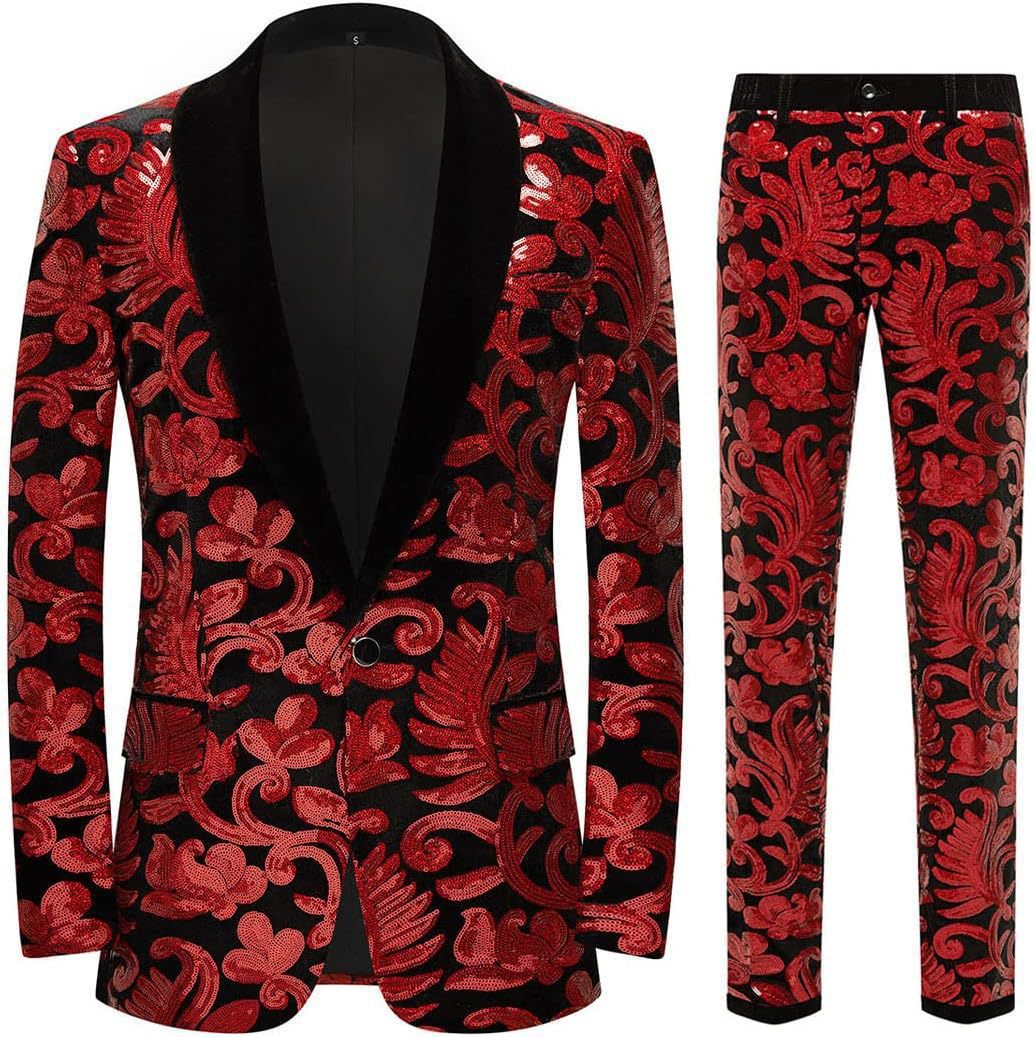 Herren elegantes Samtanzug mit glänzendem Paillettenmuster Fudus