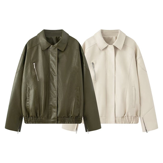 Damen Kunstlederjacke mit angesagtem Stehkragen und praktischen Reißverschlusstaschen Fudus