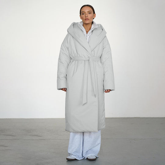 Damen Langmantel mit breitem Kragen und Taillengürtel Fudus